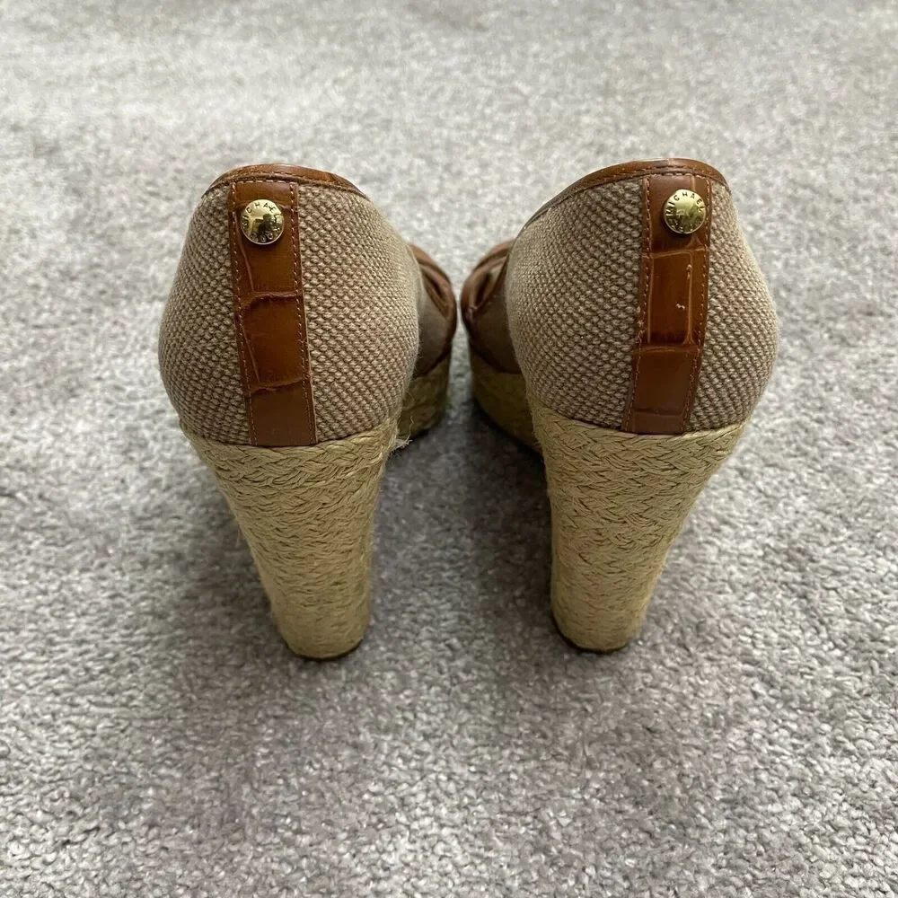 Micheal Michael Kors Peep Toe Espadrille Wedge Sandals Womens 9M Brown Slip On
